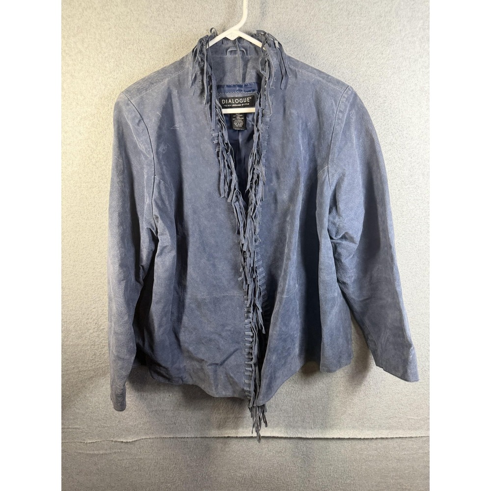 Dialogue Jacket Womens 1X Blue Leather Fringe Open Front Western Lined Suede